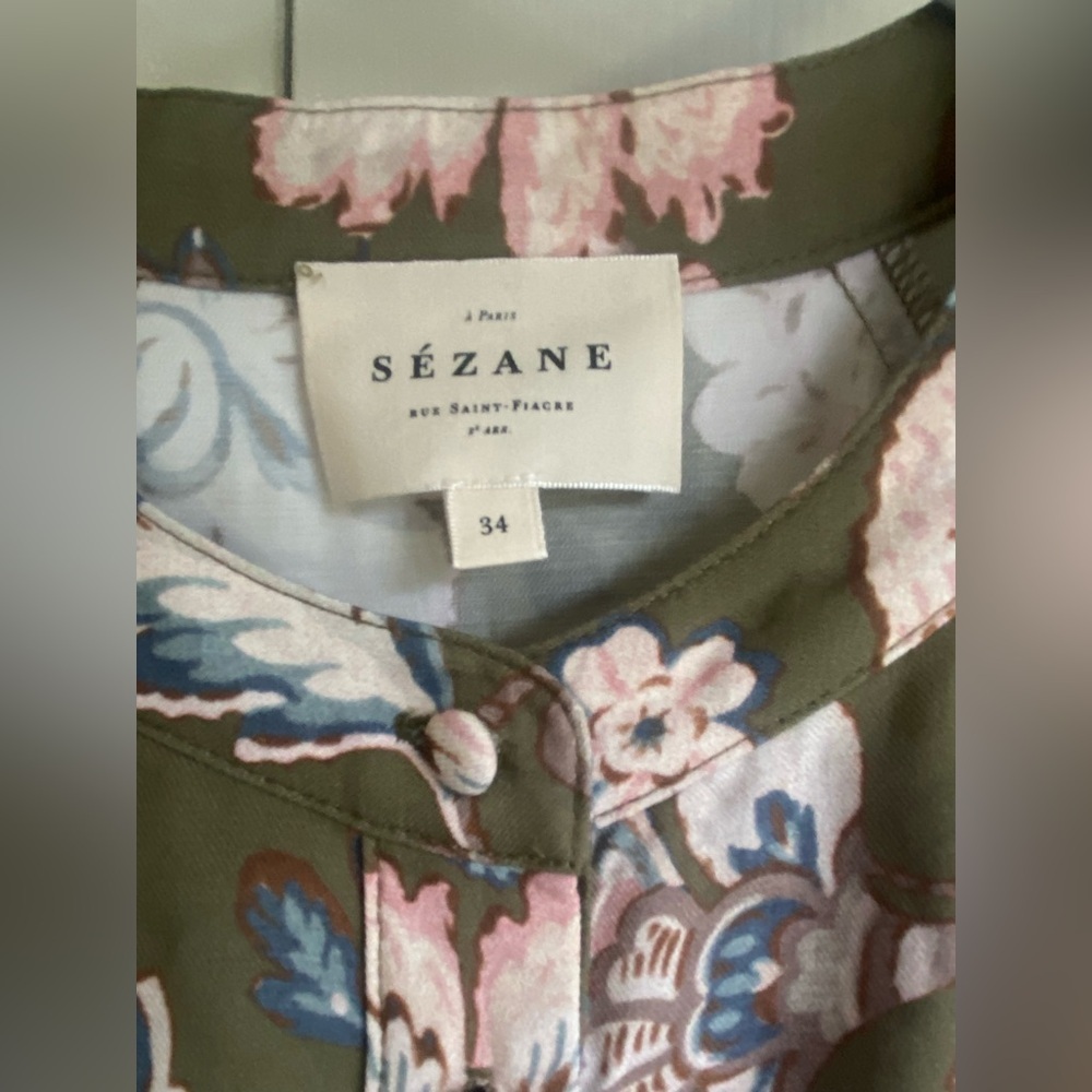 New Sezane Caprice Mini Dress - Rama Kaki Floral French Elegant Casual FR34/US2 - Picture 6 of 8